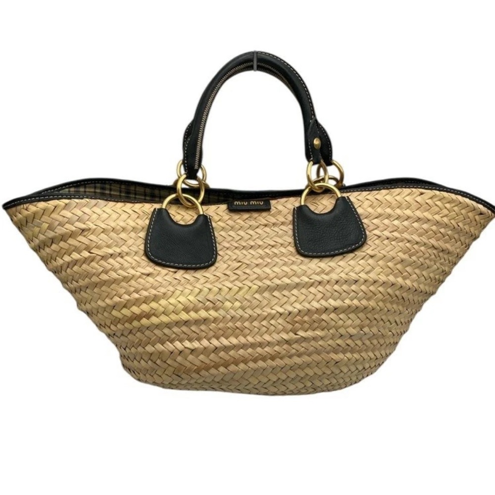 Miu Miu Tan and Black Woven Tote Bag